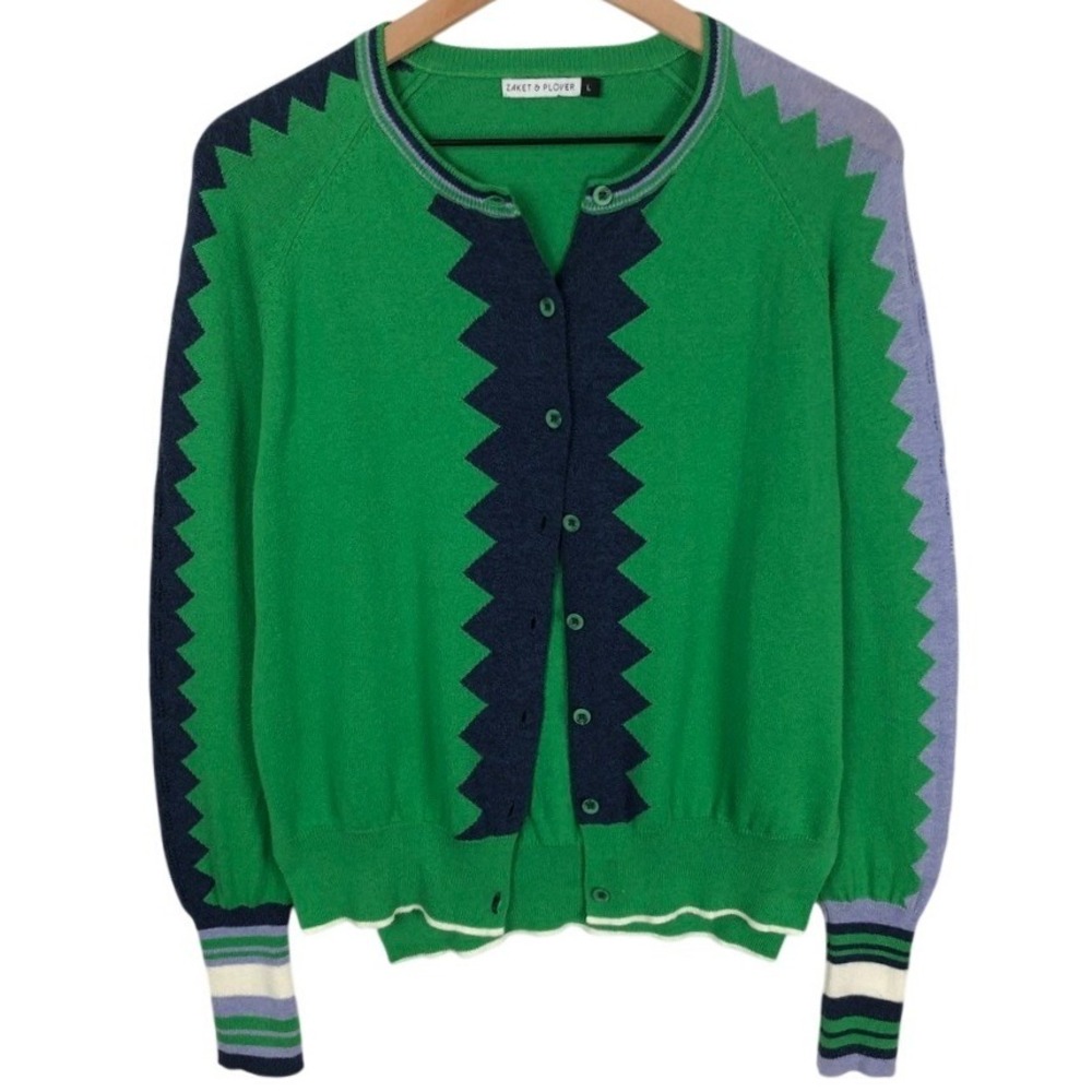 Zaket & Plover Cashmere Cotton Zigzag Intarsia Cardigan Sweater Women's L Green - Picture 1 of 11